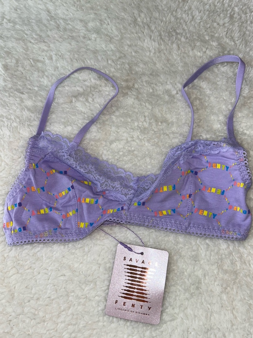 Savage X Fenty Lavender Rainbow Logo Bralette XS Lace Trim NWT